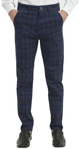 Yukirtiq Men's Check Trouser Plaid Dress Pants Flat-Front Chino Smart Slim Fit Retro Golf Tartan Trousers, Blue, W32