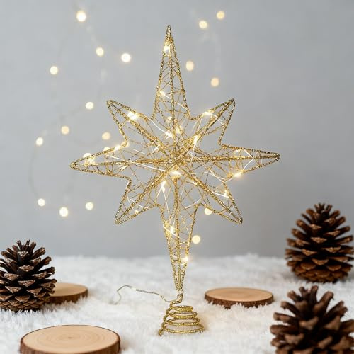 YushengTai Puntale per Albero di Natale a Forma di Stella 23cm con Illuminazione LED - Puntale per Albero di Natale Scintillante in Oro per Albero di Natale - Puntale a Stella Illuminato - Decorazione