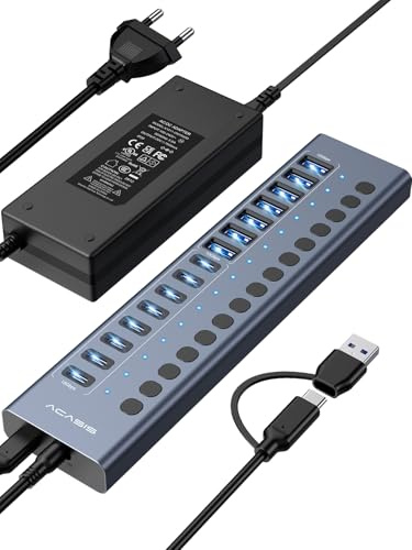 Powered USB 3.2 Hub, ACASIS 16 Ports USB 3.2 Hub(8 USB-A 3.2 Ports+8 USB-C 3.2 Ports), Aluminum USB Hub Powered with 96W Power Adapter, USB Hub for PC/Laptop, Computer, Flash Drive, Printer, Camera