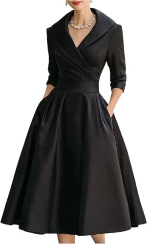 Robe Femme Chic Et Elegant Manche Longue - Vetement Femme Chic Couleur Pure Col en V Taille Empire, Robes A-Line Mi Longue Unique, Dress Glamour Convient pour Le Printemps Et L'automne