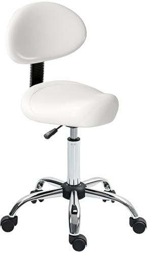 HOMCOM Taburete Giratorio con Ruedas y Respaldo Extraíble, Taburete de Trabajo con Altura Regulable 83-98 cm, Asiento Tapizado de Cuero Sintético, Blanco