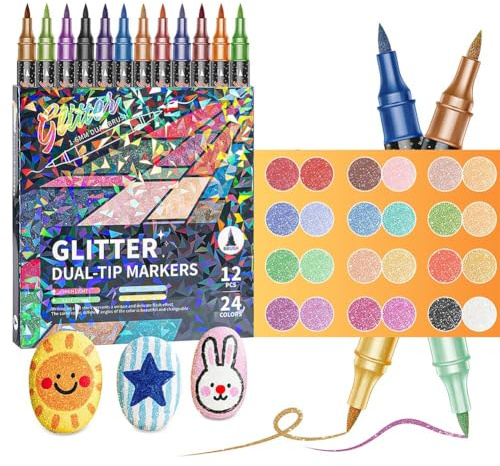 Buhdjfnke Pennarelli A Pennello con Effetto Glitter, Doppia Punta, Doppio Colore, Pennarello Luccicante per Scarabocchi, Scrittura, Glitter, Artistico, Adulti, Fai da Te, 24 Colori