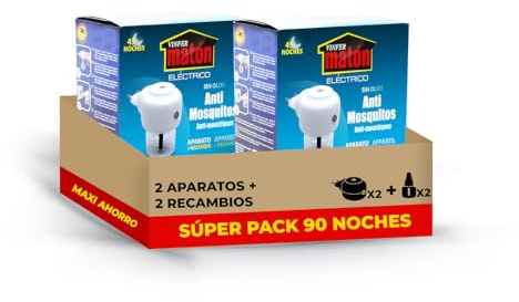 VINFERMATÓN Insecticida Eléctrico Líquido Pack 2 Aparatos + 2 Recambios | 90 Noches Antimosquitos | Enchufe contra Mosquito Común y Tigre | Sin Olor | Eficaz con Ventanas Abiertas
