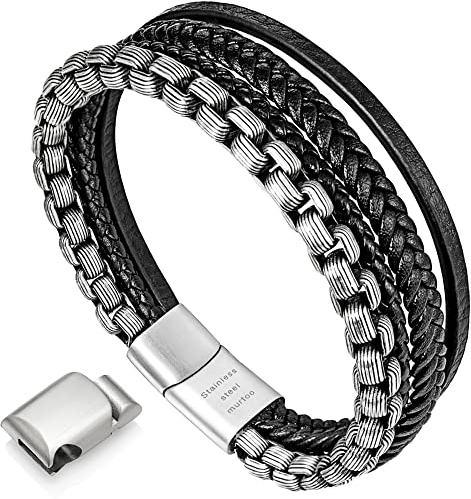 Armband Herren lederarmband Herren lederarmband für männer Edelstahl Armband(schwarz,Silber,22cm)
