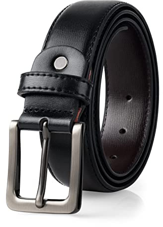 maikun Black Leather Belt for Men, Mens Belt for Jeans and Dresses, Silver Buckle Length41inch