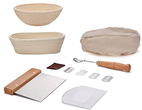 Vklopdsh ÉPreuvage Panier Ensemble de 2 Paniers à Pain Rond et Ovale de 25 Cm de DiamèTre avec Grattoir à Pâte en Silicone et Couteau de Boulanger