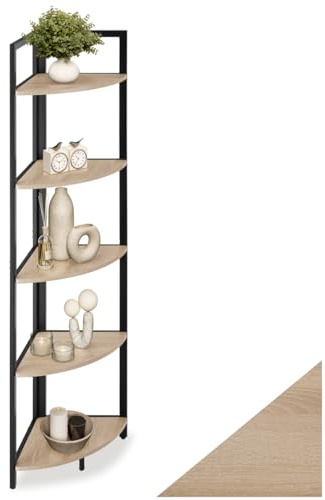 tectake® Scaffale ad Angolo, Stile Industriale, Metallo e Legno, Libreria Design, Scaffale Salvaspazio, 5 Ripiani Arrotondati, Scaffalatura Moderna - 30 x 30 x 150 cm, Industriale Chiaro