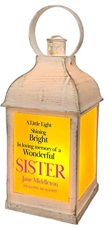 Personalised Sister In Loving Memory Graveside Lantern Gift With Flame Effect