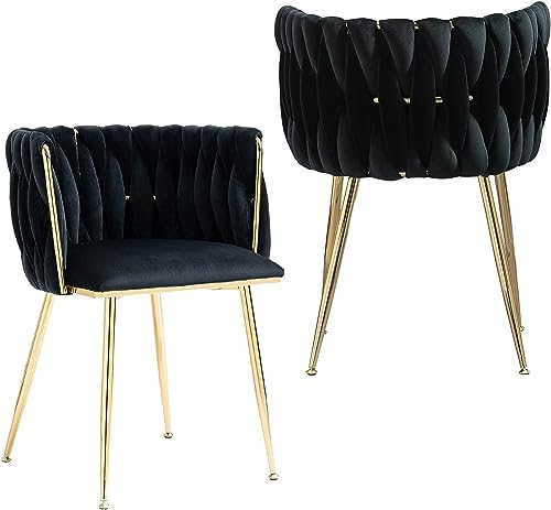 SUPPNEED Samt Esszimmerstühle 2er Set, Stühle Esszimmer mit Armlehne,Küchenstühle mit Gebogener Rückenlehne, Schminktisch Stuhl mit Goldene Metallbeine, Sessel für Küche, Wohnzimmer, Büro,Schwarz