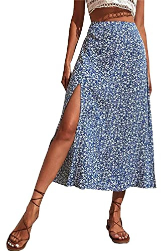 Générique Jupe Longue Femme Bohème Ete Fluide de Plage Robe Florale Chic Taille Haute Decontractée Mi Longue Portefeuille Mode