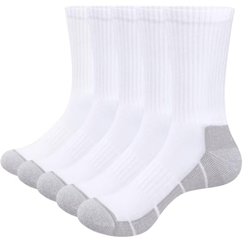 YUEDGE Womens White Cushioned Crew Sports Socks for Women Size 4-7, Sweat Wicking Cotton Casual Work Everyday Gym Golf Tennis Badminton Training Athletic Socks, 5 Pairs