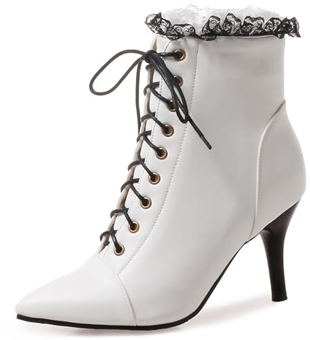 OALEEN Bottines à Lacetes Femme Hiver Talon Haut Aiguille Sexy Bout Pointu Effet Cuir Dentelle Soirée Boots Chaussures Blanche 37