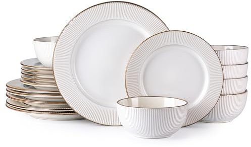 GBhome Geschirrset 6 Personen, 18-tlg Diamant Design Handarbeit Steingut Geschirr Set, Mikrowellen- & Spülmaschinenfest Schüssel- und Teller Set (Geripptes Elfenbein, 18 Teile Set)