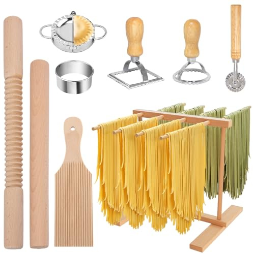 Kit per la preparazione della pasta, 9 pezzi, in legno, con stendipasta, rullo per pasta, tagliere per gnocchi, tagliapasta per ravioli, accessori per la preparazione della pasta