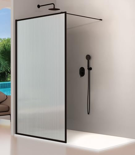 Mampara Ducha Fija Enmarcado Negro Vidrio Acanalado - 80cm