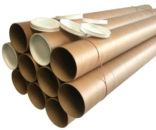Pack de 10 Tubos de Cartón para Documentos Formato A2 - 5cm de Diámetro x 45cm de Largo Interiores, Incluye Tapas Blancas de Plástico, Perfecto para Almacenaje, Archivo y Envío. (5x45 cm (A2))