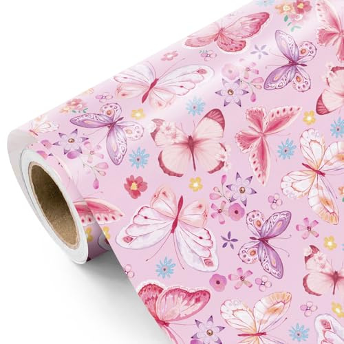 RUSPEPA Rosa Schmetterlings-Geschenkpapierrolle – Mini-Rolle – 43,2cm x 5m – Fantasie-Blumen-Schmetterlings-Design, Perfekt Für Geburtstag, Hochzeit, Brautparty