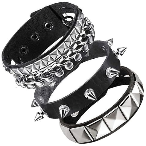HTTDSLF Pulsera Punk para Hombre Mujere - Brazalete de Cuero Negro con Tachuelas, Ajustable Estilo Hip Hop Gótico, Accesorios para Conciertos Rock y Festivales, Pulsera Hombre Regulable 20-22cm