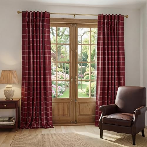 NICETOWN 100% Blackout Red Plaid Farmhouse Curtains 84 Inch Long 2 Panels Set for Living Room Checkered Drapes Thermal Insulated Privacy Protection Rod Pocket Back Tab, 52 W