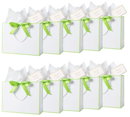 Gift Bags for Present Large - 10 Pcs White Green Gift Bags for Women, Birthday, Bridesmaid Gifts, Baby Shower, Party, Christening & Wedding Presents