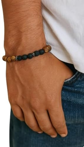 ⊹⊱★✿ BRACELET HOMME EN PIERRE DE LAVE ET BOIS DE RACINE ✿ ★⊰⊹ Bracelet extensible composé de perles de lave curatives et de perles en bois avec intercalaires en métal