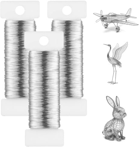 3 Rouleaux Fil de Fer Argenté, Fil de Fer Souple Loisir Creatif 0,35 mm x 150 mFil de Fleuriste Argenté pour DIY craft, création de bijoux, loisirs créatifs, modelage et décoration (50 m/rouleau)