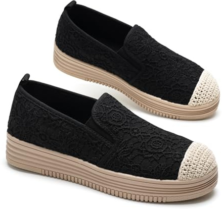 GLAMORA Zapatillas Mujer Sin Cordones Encaje Transpirable con Elástico Ajustable Plataforma Cómoda Punta Redonda Suela Antideslizante Estilo Casual Urbano Calzado Ligero Primavera Verano black-40
