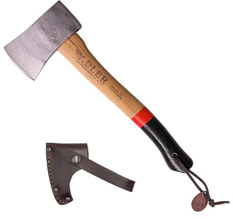 Adler Yankee Hatchet – German Forged Camping Hiking Hatchet w/ 15 Anti-Slip Hickory Handle, 1-1/2 lb Head, w/Leather Sheath & Storage Bag, Compact Bushcraft Axe for Firewood, Kindling, Carving (A5)