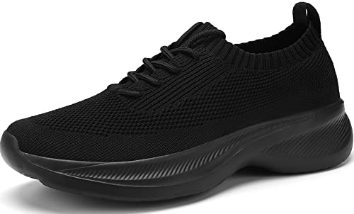 Santiro Sneakers for Men Knit Breathable Sock Slip On Shoes Lightweight Gym Running Sneakers Casual Tennis Walking Shoes All Black 8 US