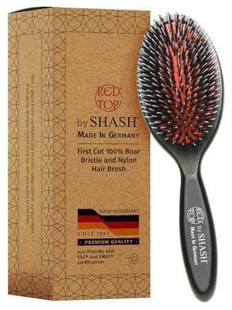 SHASH Since 1869 Hand Made In Germany - Nylon, 100% First Cut Boar Bristle Brush Suitable For Normal to Thick Hair - Gently Detangles, No Pulling or Split Ends - Softens Improves Texture, (Medium)