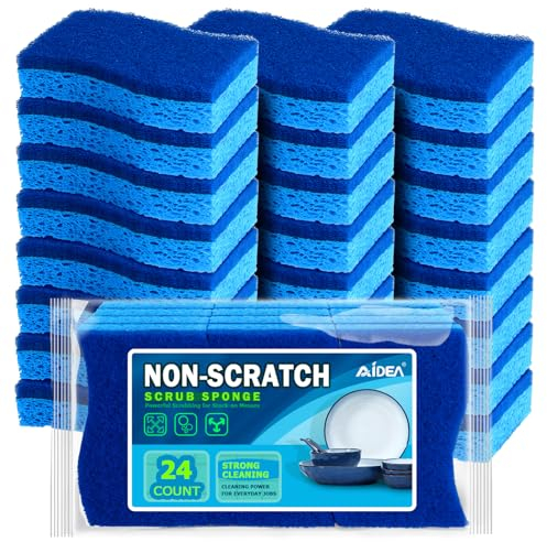 AIDEA Non-Scratch Scrub Sponge Pack of 24, Dual-Sided Dishwashing Sponges, Cleaning Sponge, Cleans Fast Without Scratching, Stands Up to Stuck-on Grime, Cleaning Power for Everyday Jobs