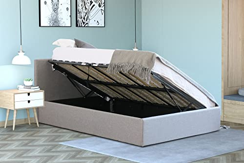 Home Treats Side Lift Ottoman Bed Small Double Bed Frame with Under Bed Storage 4FT Grey Linen Upholstered Queen Size No Mattress