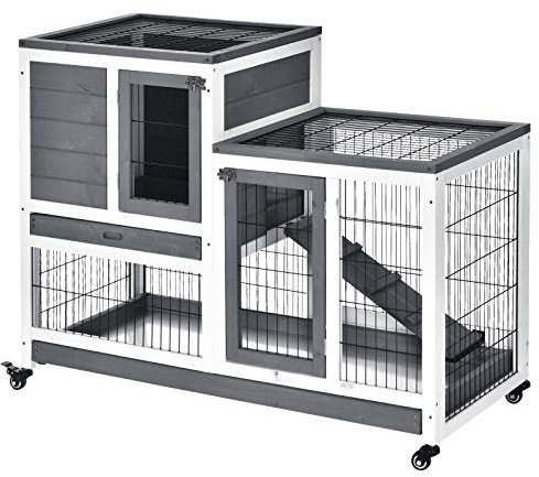 PawHut Wooden Indoor Rabbit Hutch Guinea Pig House Bunny Small Animal Cage W/Wheels Enclosed Run 110 x 50 x 88 cm, Grey