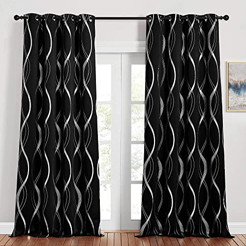 PONY DANCE Mörkläggningsgardiner med silvermönster, 2 st., H 245 x B 140 cm, gardiner med öljetter, för vardagsrum, dekorativa gardiner, termisk gardin, svart, ogenomskinlig, fönstergardiner