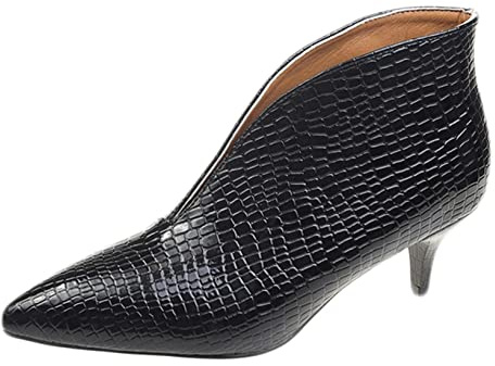 Womens Ankle Boots Patent Leather Split Pattern Slip-On Pointed Toe Retro Low Kitten Heel Breathable Lightweight Leather Boots Black, 6 UK