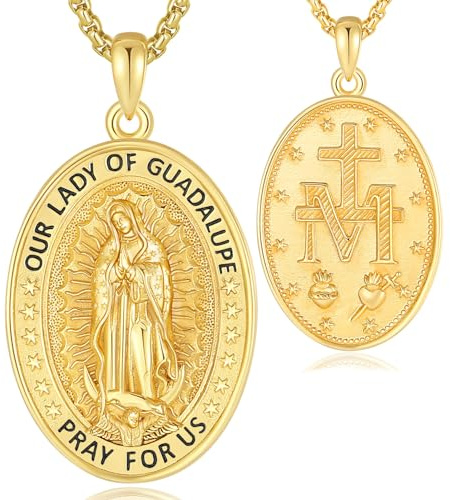 EUDORA Collar de Virgen de guadalupe Virgen María para Mujer Hombre Plata de Ley Chapado en Oro 18K, Medalla de la Virgen de Guadalupe Colgante la Virgen Milagrosa Joyería Regalo Mujer Hombre, 55CM