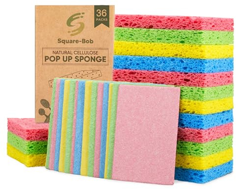 Compressed Non-Scratch Kitchen Sponges - Highly Absorbent for Dishes, Countertop, Sink, Car - Biodegradable, Quick Drying Cellulose Sponges - Assorted Colors (Pack of 36)