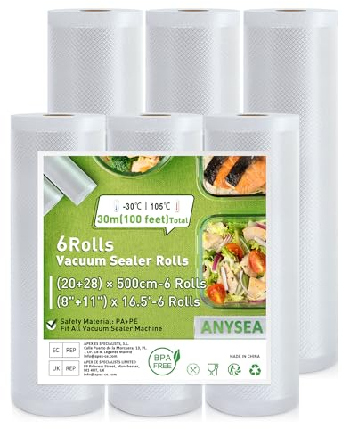 Anysea Rouleau Sous Vide Alimentaire：Sac Sous Vide Alimentaire Sans BPA, 6 Rouleaux 28/20 x 500 cm, Sac Congélation Sous Vide Compatible avec Machine Sous Vide et la Cuisson