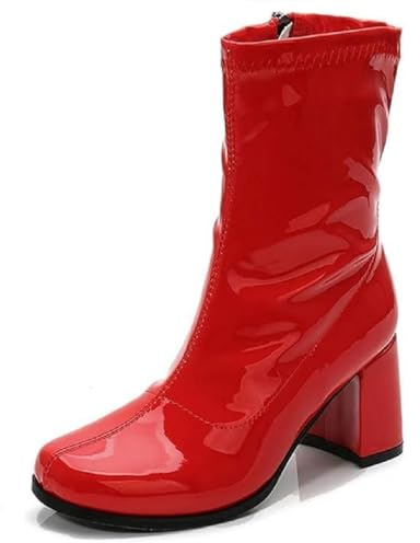 Golden Beads Women's Mid-Calf Block Heel Zipper Boots | Go Go Boots | Ankle Boots with Low Block Heel | Short Boots Shoes (Red Patent, UK Footwear Size System, Adult, Women, Numeric, Medium, 6)