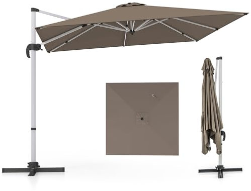 COSTWAY Sombrilla Terraza Exterior rectangular con Base 3x3m, Parasol Jardin Excentrico, Rotación de 360°, Inclinación Ajustable, Guarda Sol Jardin Exterior, Manivela y Base en Cruz (café)