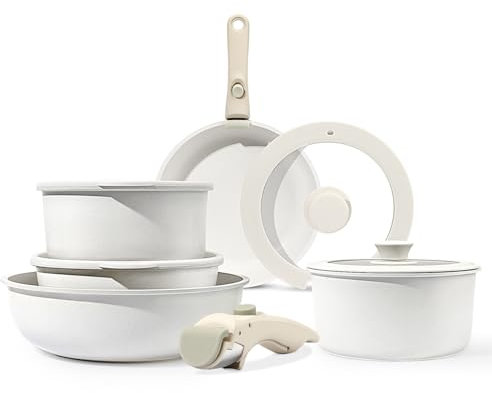 GiPP Pots and Pans Set Non Stick,11PCS Cookware Sets Nonstick Detachable Handle,Induction Kitchen Set Removable Handle，RV Cookware Set,Oven Safe(White，11PCS