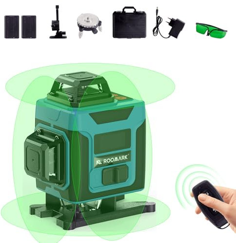 Roomark Niveau Laser Croix Vert 4x360°, Niveau à Bulle Laser 16 Lignes, Niveau Laser Verticale et Horizontale 4D, Batterie Rechargeable 2 * 3000 mAh (Bleu-Vert)