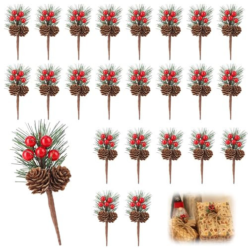 Grasslandy 24 Stück Weihnachten Künstliche Tannenzweige Artificial Tannenzweige Beerenzweige Weihnachten Tannenzapfen Zweige Dekorationen für Weihnachtsbaumschmuck, Hochzeiten, Gärten, Kunsthandwerk