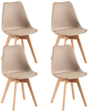 EGGREE Pack 4 Sillas de Comedor Sillas Cocina Nordica con Asiento Tapizado de Cuero PU y Patas de Haya, Caqui Claro