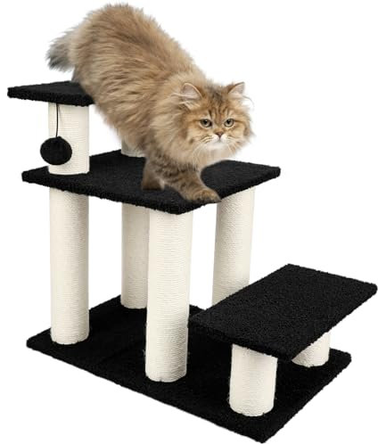 Vivifying Katzentreppe&Kratzbaum, 3 Stufen Hundetreppe für Hochbetten & Couch, stabile 68kg Unterstützung, einstellbare Höhen 3 Haustiertreppe für ältere Katzen und kleine Hunde (Schwarz)