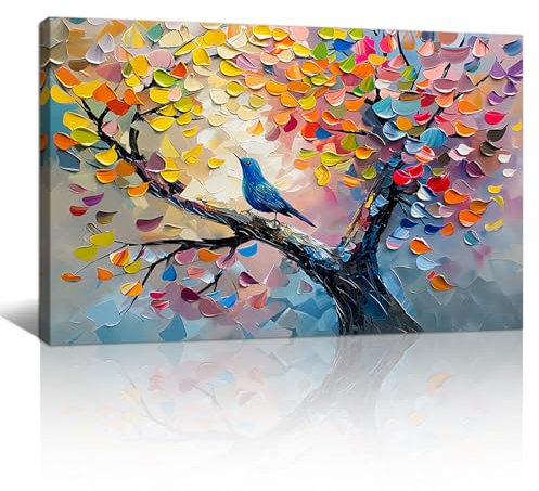Large Abstract Blossom Trees Bird Wall Art for Living Room, Colourful Tree of Life Wall Painting Pictures Nature Floral Tree Canvas Prints Modern Artwork for Bedroom Office Home Decor 60x90cm