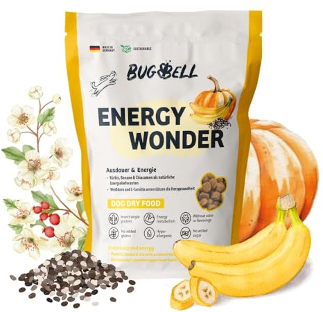 BugBell 800 g de Nourriture sèche High Energy pour Chiens, protéines d'insectes sans céréales, Banane, Citrouille, chia, Huile de Saumon et L-carnitine soutiennent Une Vie Active des Chiens