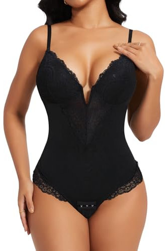 SHAPERIN Body Shaper Damen Bauchweg Spitze Formender Body String Miederbody Stark Formend mit Bügel Sexy V-ausschnitt Bodysuit, Schwarz, L