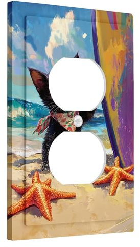 Placas de cubierta para interruptor de luz de gato de playa, cubierta de tomacorriente, gatito negro vibrante con tabla de surf para decoración de verano, placas de pared termoplásticas, salida dúplex