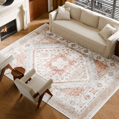 VEVOR Area Rug, 9 x 12 ft Large Washable Rug, Non-Slip and Tear-Resistant Soft Carpet, Pet & Child Friendly Vintage Area Rugs, Indoor Mat for Bedroom, Living Room, Kids Room, Office, Brown Red